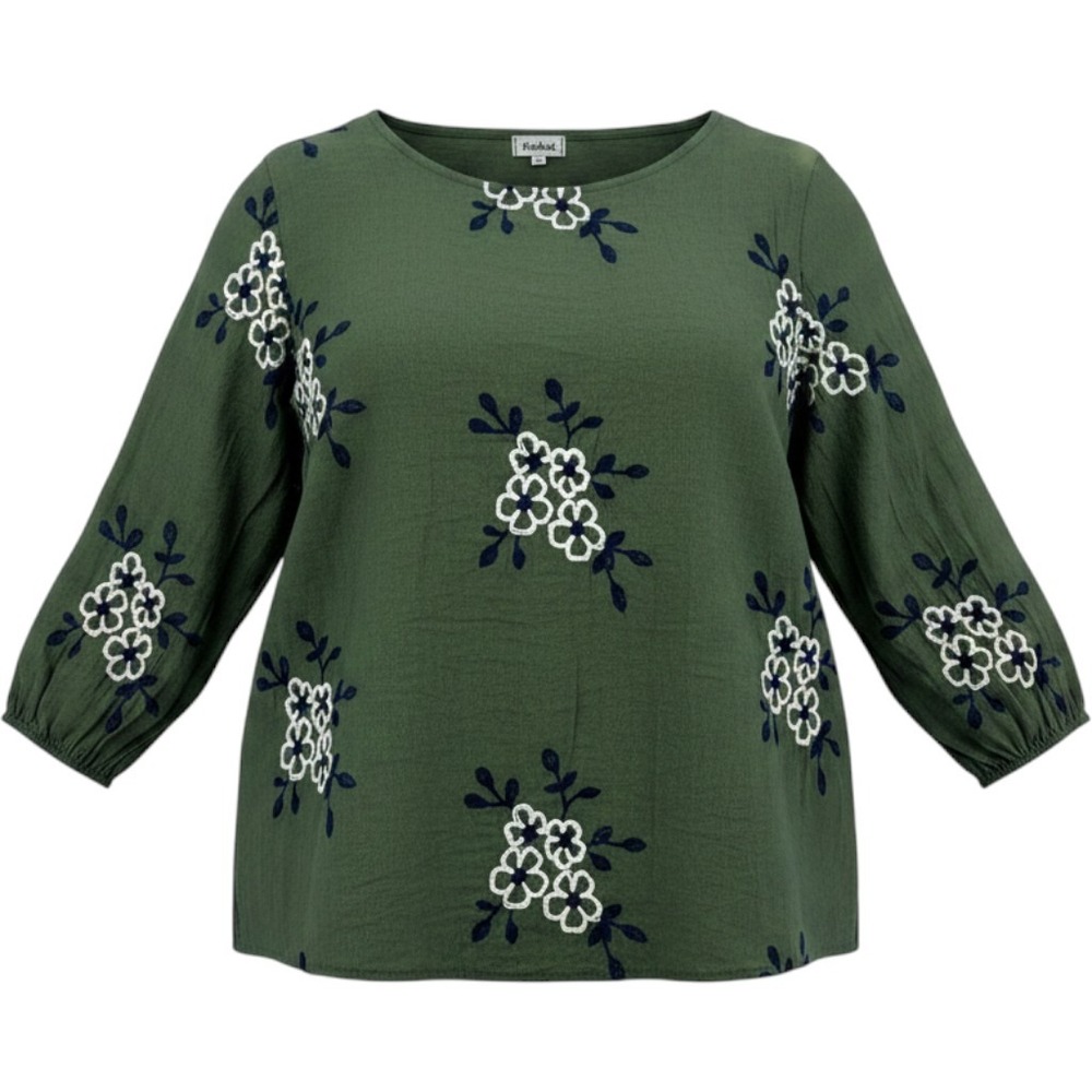 Kindred Womens Plus Size 3X Green Embroidered Floral Tunic Top 3/4 Sleeve Dainty